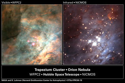 Trapezium - central region of Orion Nebula in Visible and IR