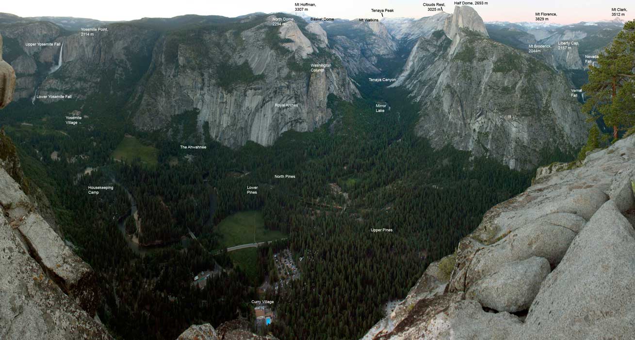 Yosemite Valley features labeled