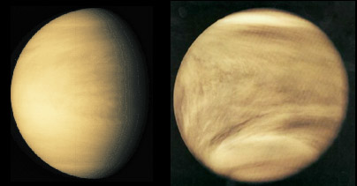 Venus in visible band (left) and UV band (right)