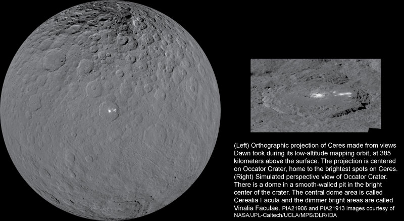 Ceres full globe and Occator Crater perspective