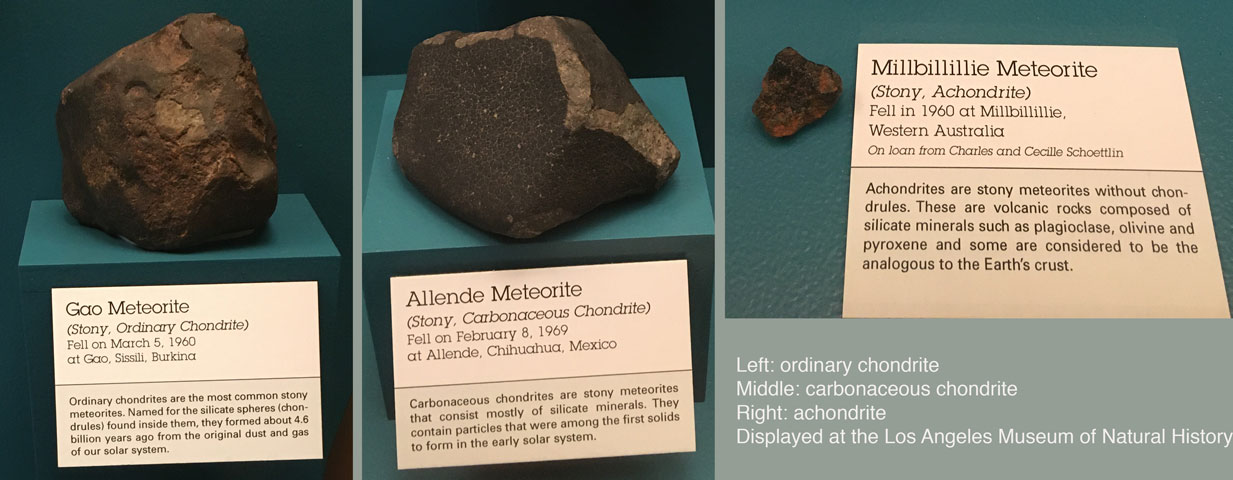 stony meteorites: ordinary chrondrite on left, carbonaceous chrondrite in middle, and achondrite on right