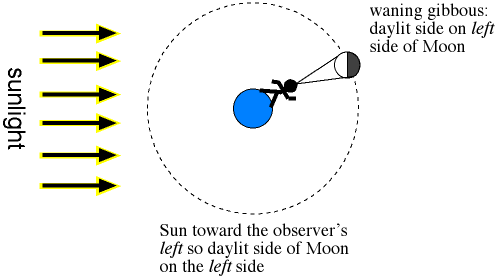 Positon of observer if waning gibbous on meridian