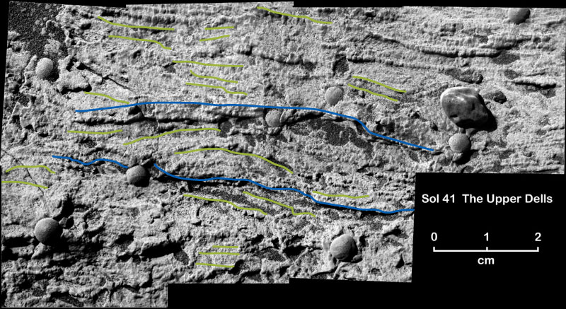 Cross-bedding in highly magnified view of rock where Opportunity landed